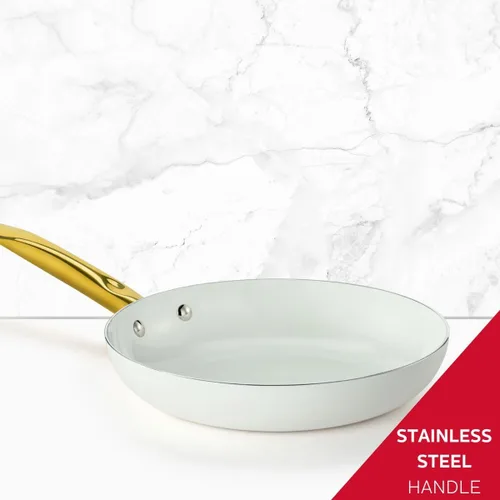 Vista 6 de Holstein Housewares Sartén antiadherente de cerámica de 8 pulgadas, elegante mango de color blanco y dorado, elegancia dorada para cada cocina