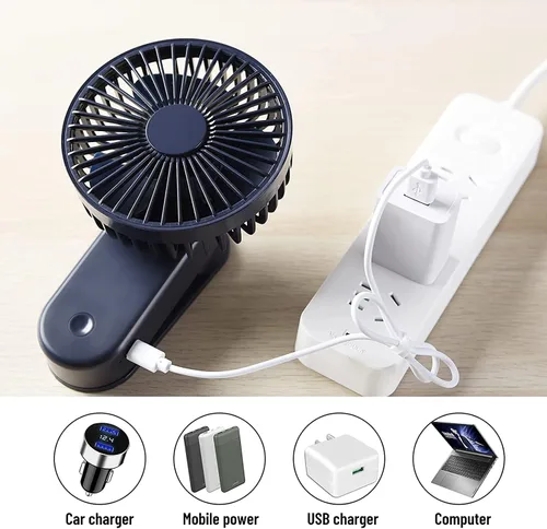 Vista 3 de Mini ventilador de escritorio portátil con clip, 2400 mAh, recargable, USB, funciona con pilas, con imán, color azul rey