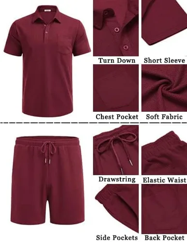 Vista 5 de COOFANDY Conjunto de camisa polo y pantalones cortos de punto gofre para hombre, conjunto de 2 piezas, traje de verano casual con bolsillos