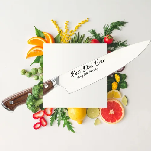 Vista 5 de Cuchillo de chef profesional de acero inoxidable – Cuchillo japonés de cocina ultra afilado grabado personalizado – 8 pulgadas con toque