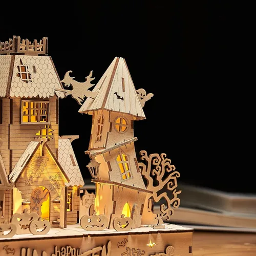 Vista 4 de Rompecabezas de madera 3D para Halloween, incluye tira de luz, rompecabezas y rompecabezas para Halloween/cumpleaños, regalos para adultos