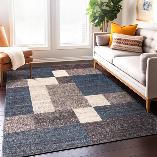 Vista 23 de Rugshop Alfombra Contemporánea Azul con Cajas Geométricas Antideslizante y sin Desprendimiento para Sala de Estar, Comedor y Oficina, 20" x 30