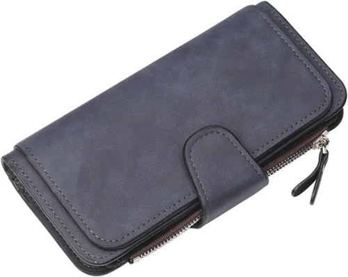 Vista 17 de Carteras de cuero para mujer con bloqueo RFID, billetera delgada, plegable, tarjetero con cremallera, bolsillo para monedas, ventana