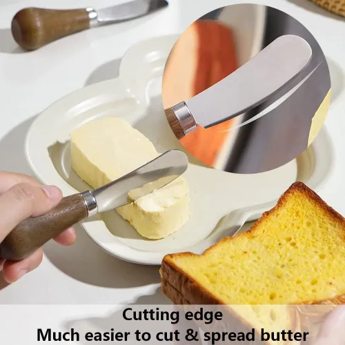 Vista 3 de Paquete de 2 cuchillos esparcidores de mantequilla de pie, cuchillos esparcidores de queso de acero inoxidable con mango de madera, cuchillos