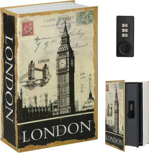 Vista 16 de Decaller Caja fuerte para libros con cerradura de llave, caja secreta de metal oculta para seguridad del hogar, dinero y joyas, 9.5 x 6.2 x 2.2