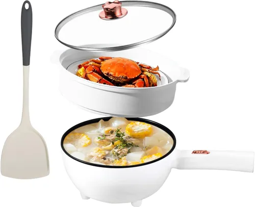 Vista 11 de Olla caliente eléctrica con vaporizador, cocina de fideos rápidos, olla caliente eléctrica interior de cerámica portátil de 1.8L