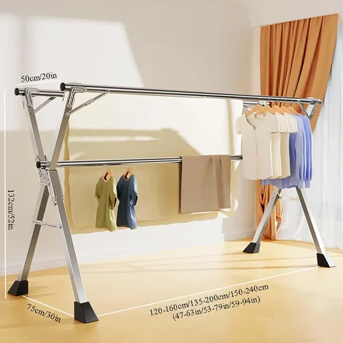 Vista 7 de Este estante de secado de ropa, estante de secado de lavandería de acero inoxidable resistente, plegable y de longitud ajustable que ahorra espacio