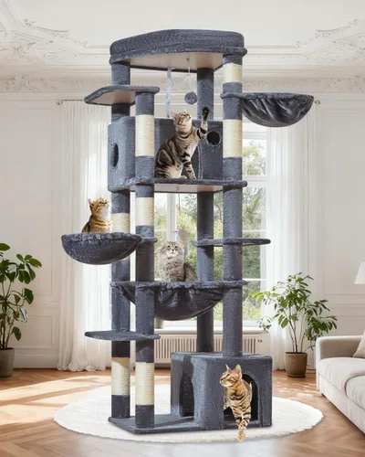 Vista 12 de Taoqimiao Árbol para gatos de 72 pulgadas, torre XXL para gatos de interior y adultos, plataforma extragrande, 2 casas para gatos, 7 postes
