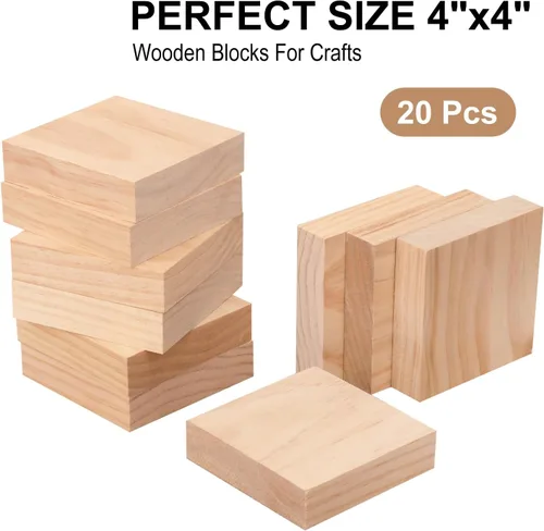Vista 3 de Paquete de 20 bloques de madera de pino, cuadrados de madera sin terminar de 4 x 4 pulgadas, ideales para proyectos de bricolaje