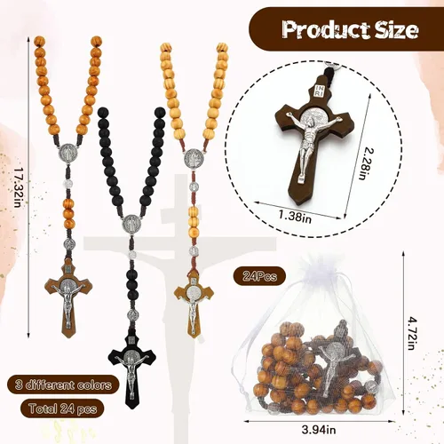 Vista 9 de Juego de 24 collares de rosario de cuentas de madera tallada con rosario católico con cruz de Jesús, cuentas de rosario de madera maciza con bolsa