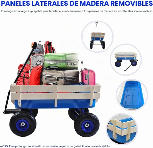 Vista 4 de Carro de carga de acero resistente con soporte lateral de madera con neumáticos todo terreno de 10", capacidad de arrastre de hasta 176lb, carro Azul