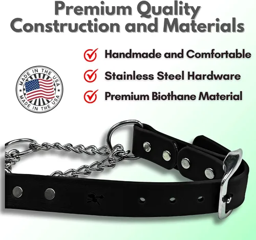 Vista 4 de Collar de Martingala para Perros, Biothane, Hardware de Acero Inoxidable, Sin Tirones, Fabricado en Estados Unidos, Grado Profesional, XXS, Negro
