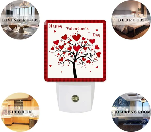 Vista 5 de Valentines Night Light Plug in LED Night Lamp Automatic Sensor Kids Night Lights Plug into Wall,Love Heart Tree Square Dim Night-Lights for Bedroom