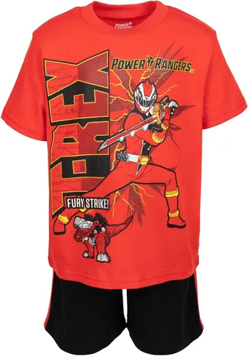 Vista 5 de Power Rangers Conjunto de camiseta verde Ranger, Ranger rojo, camiseta azul Ranger y pantalones cortos de malla para niños pequeños a grandes