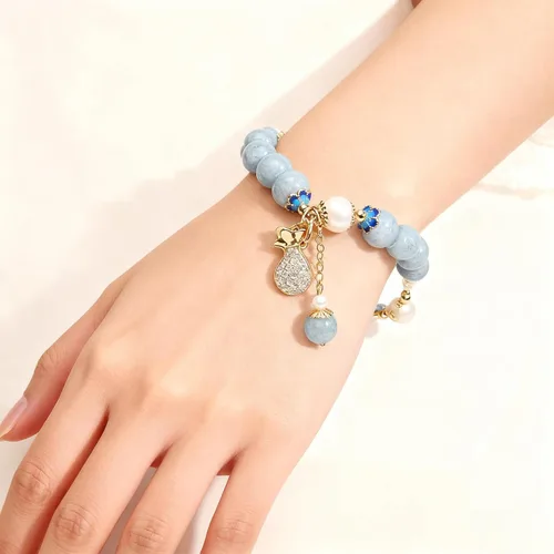 Vista 2 de RITIM Pulsera de aguamarina natural para mujer, pulsera de piedra de cristal curativo con perla, energía positiva, regalo de joyería de buena suerte