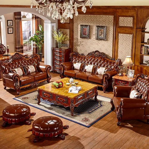 Vista 2 de Sofá de cuero de estilo europeo, madera maciza tallada de gama alta estilo americano sofá villa muebles de sala de estar adecuado para la sala