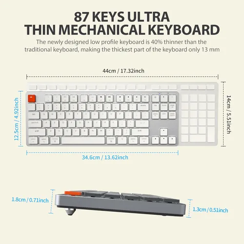 Vista 8 de Teclado mecánico de perfil bajo para Mac, interruptor marrón de 87 teclas, teclado Apple retroiluminado blanco con cable tipo C, ultra delgado