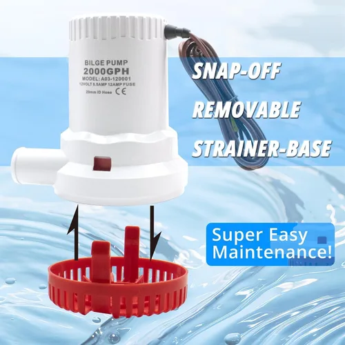 Vista 5 de Kit de bomba de sentina no automática de 12 V 2000 GPH con interruptor de flotador, combo de bomba de agua sumergible para barcos, 8.5 A resistente