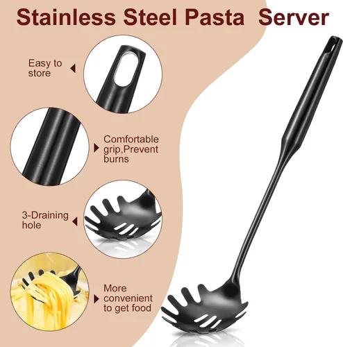 Vista 4 de Patelai Juego de cuchara de espagueti y pinzas para pasta, herramientas de servicio de fideos de mango largo con orificios de drenaje, agarre Negro