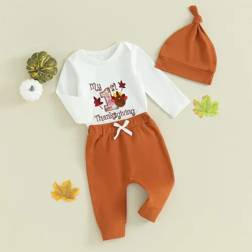 Vista 2 de My First Thanksgiving - Conjunto de manga larga con estampado de pavo para bebé niña y niño, pantalones deportivos para recién nacidos, trajes