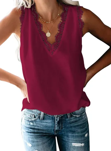 Vista 248 de VIISHOW - Camiseta sin mangas, sexy, con cuello en V y bordes de encaje para mujer, camisola de vestir, camisas de gasa, sin mangas, casuales