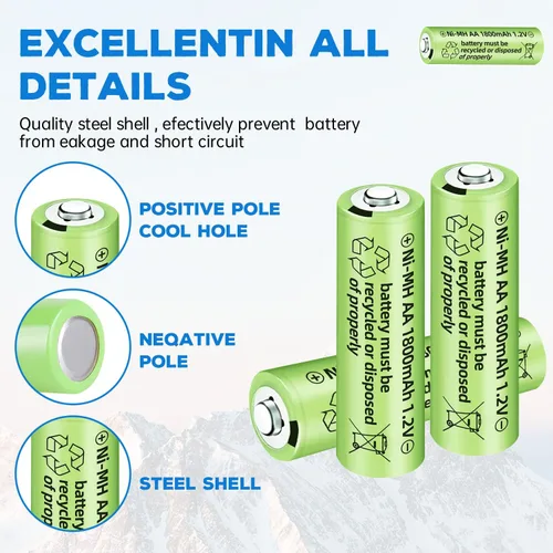 Vista 4 de 12 baterías recargables AA Ni-MH de 1.2 V 1800 mAh para micrófonos inalámbricos, juguetes eléctricos, ratones remotos, calculadoras, maquinillas