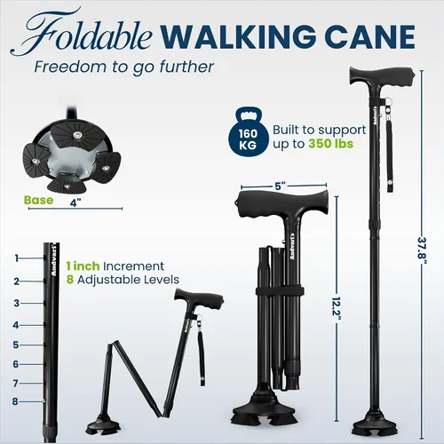 Vista 2 de Bastón para hombres y mujeres – Plegable, ajustable, bastón autoestable con base pivotante de 360°, agarre cómodo, bastones resistentes para Negro