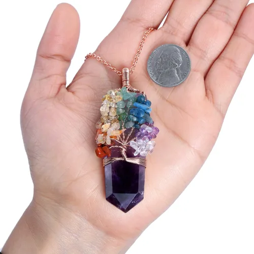Vista 4 de Collar con colgante de árbol de la vida de 7 chakras naturales de cristal curativo de reiki, joyería para mujer para buena suerte, meditación