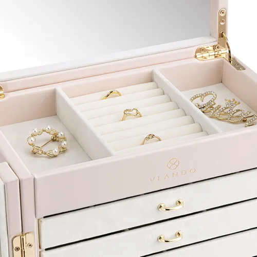 Vista 6 de Vlando Joyero organizador grande de piel sintética con 5 dibujos, cajas de joyería de espejo con aretes, collares, anillos, regalo del día de San