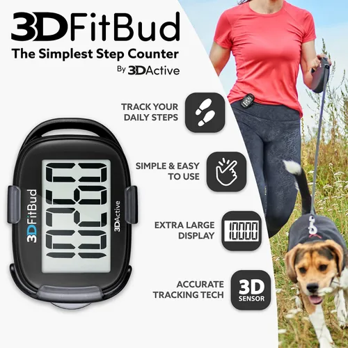 Vista 2 de 3DFitBud Simple Contador de Pasos - Podómetro 3D para caminar de 3DActive con clip, cordón, rastreador de pasos preciso, pantalla grande, fácil