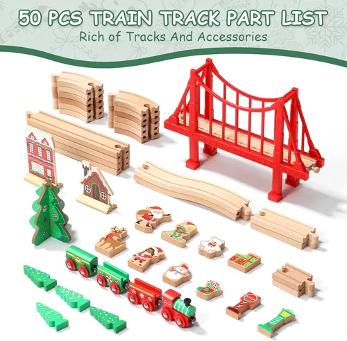 Vista 2 de SainSmart Jr. Juego de tren de madera de 50 piezas, tren de juguete con exquisita caja, juego de pista de tren de madera apto para las principales