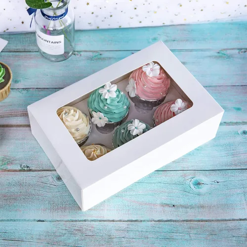 Vista 5 de ONE MORE Cajas para cupcakes con insertos para 6 soportes, cajas grandes de panadería estándar blancas de 9.5 x 6.3 x 3 pulgadas con ventana