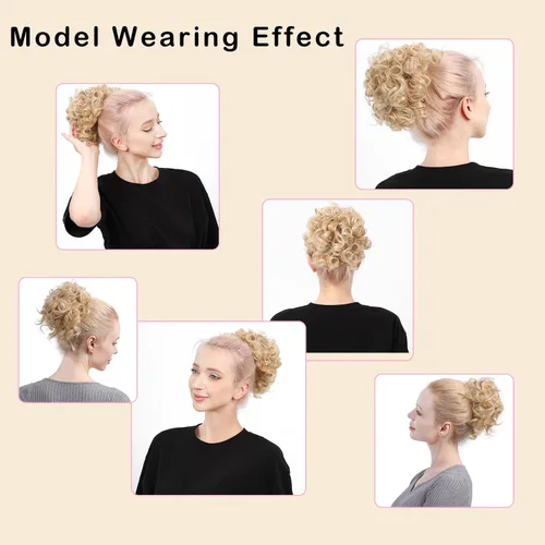 Vista 6 de Moño de cabello rizado desordenado, pieza de cabello sintético resistente al calor, extensiones de moño de cabello despeinado con cordón Updos Negro