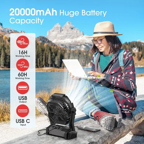 Vista 2 de ONLYNEW Ventilador portátil recargable de 20000 mAh, ventilador alimentado por batería inalámbrica con linterna LED, USB C operado por batería