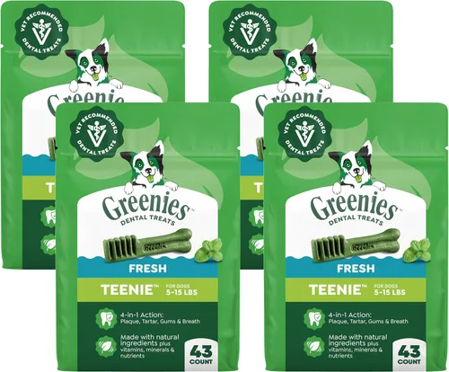 Vista 17 de Greenies Golosinas dentales naturales para perros adultos recomendadas por veterinarios, tamaño Teenie, sabor a arándano azul, paquete de 12 oz., 43