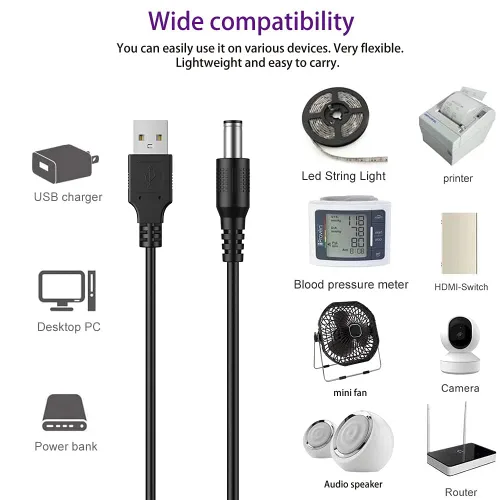 Vista 4 de LIANSUM - Cable de alimentación USB a DC 5V, cable de carga con enchufe Jack DC 5.5x2.1mm universal y 10 puntas de conector Micro USB, Type-C, Mini