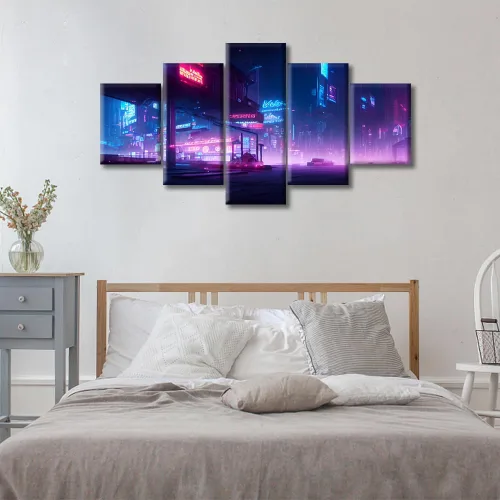 Vista 10 de Cuadros de 5 paneles de Cyberpunk City, arte de pared, representación de vallas publicitarias, edificios modernos en la capital con obras de arte