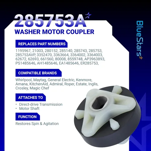 Vista 2 de Kit de acoplamiento de motor de núcleo metálico BlueStars 285753A para piezas de lavadoras Kenmore Whirlpool - Reemplaza AP3963893, PS1485646