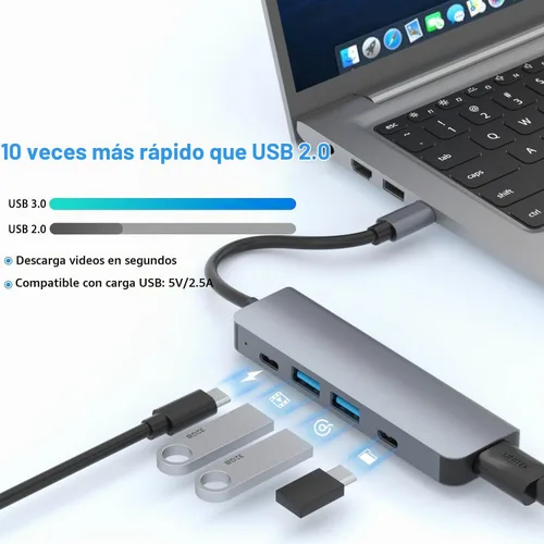Vista 5 de Adaptador HDMI USB C, estación de acoplamiento 5 en 1 con HDMI 4K, puerto de datos USB C, PD de 100 W y USB 3.0 y 2.0 compatible con MacBook