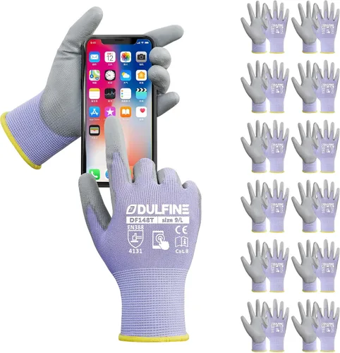Vista 26 de DULFINE Guantes de trabajo ultrafinos con revestimiento de PU - 12 pares, excelente agarre, carcasa de nylon guantes de trabajo de seguridad