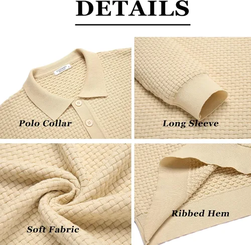 Vista 6 de COOFANDY Polo de punto para hombre, de manga larga, ligero, a la moda, informal, con cuello