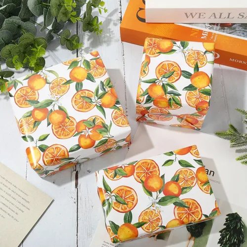 Vista 4 de Papel de regalo naranja, papel de regalo de frutas cítricas, papel de regalo plegado a granel, plano mandarina, para cumpleaños, baby shower