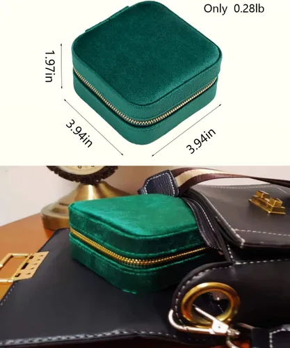 Vista 3 de ilycase Joyero de terciopelo, organizador de joyas de viaje, organizador de aretes con espejo, estuche de viaje para joyas, joyero de viaje (verde)