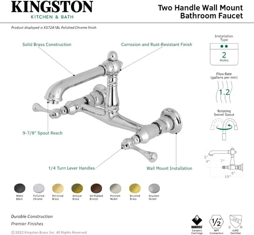 Vista 4 de Kingston Brass KS7247BL - Grifo de baño de montaje en pared, latón cepillado Cobrizo cepillado