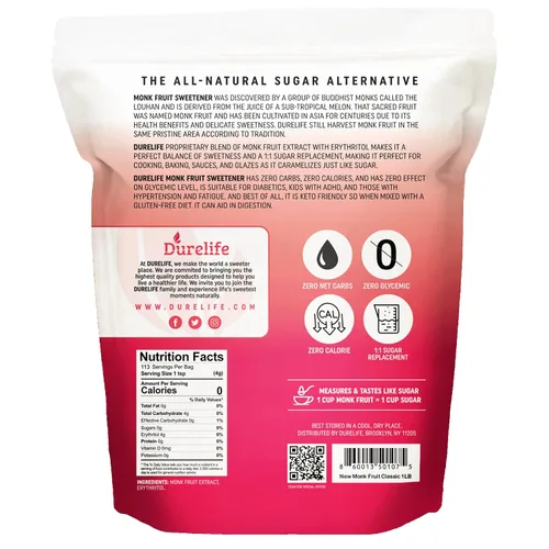 Vista 2 de DureLife Edulcorante de Fruta del Monje, Clásico - Sustituto del Azúcar Blanco, Compatible con Dieta Keto, Reemplazo de Azúcar 1:1, Cero Calorías
