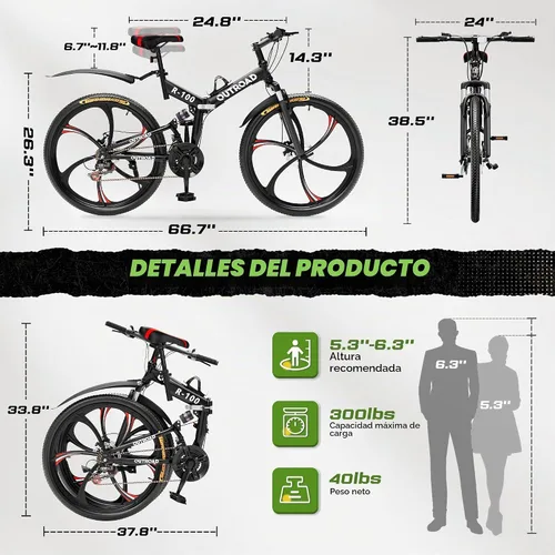 Vista 2 de Betterland Bicicleta de montaña de 26 pulgadas, bicicletas plegables de suspensión completa de 21 velocidades, freno de disco dual, marco de acero