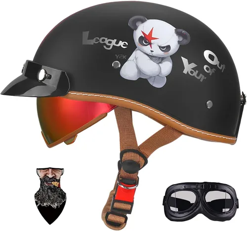Vista 21 de Casco Moto Retro Jet para hombres y mujeres Homologado DOT, Medio Casco ABS, Ventilación Doble, Visera Retráctil y Forro Desmontable Fresco