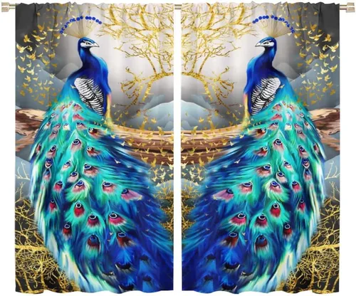 Vista 31 de Cortinas opacas de pavo real, hermoso patrón de estampado de flores de pavo real azul, estampado de mariposas y pavo real, juego de 2 paneles