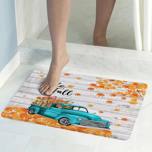 Vista 7 de Alfombra de baño con diseño de girasol amarillo otoñal y calabaza naranja sobre camión azul vintage, tapete de baño con texto en inglés "Hello