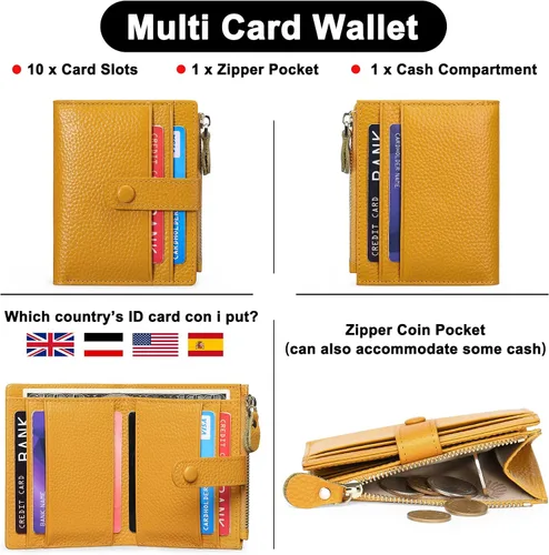 Vista 4 de FALAN MULE Billeteras pequeñas para mujer, con bloqueo RFID, delgada, plegable, de cuero, con cremallera, monedero, AP-amarillo, Minimalista